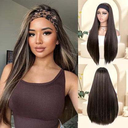 Women's Wig - Headband Long Straight 26 Inch for - Brown Golden Highlight Natural Hair - product detail view 10