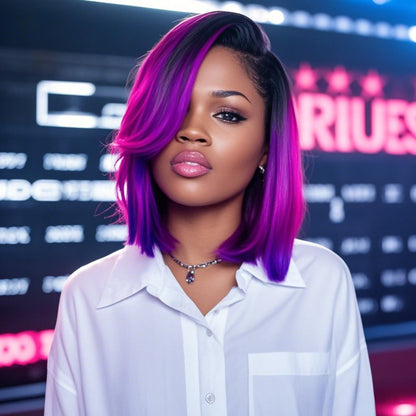 Women's Wig - Pink Purple Gradient Straight with Bangs 12 Inch Fantasy Synthetic - product detail view 4