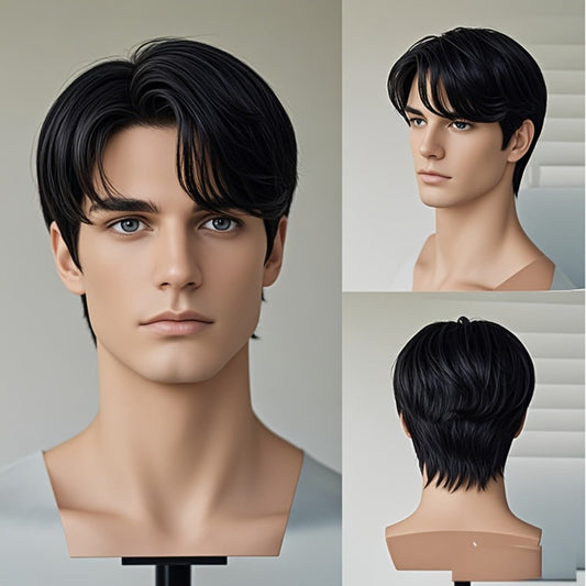 Women's Wig - Short Straight for Men - Natural Black Layered Synthetic Hairpiece, No - main product view