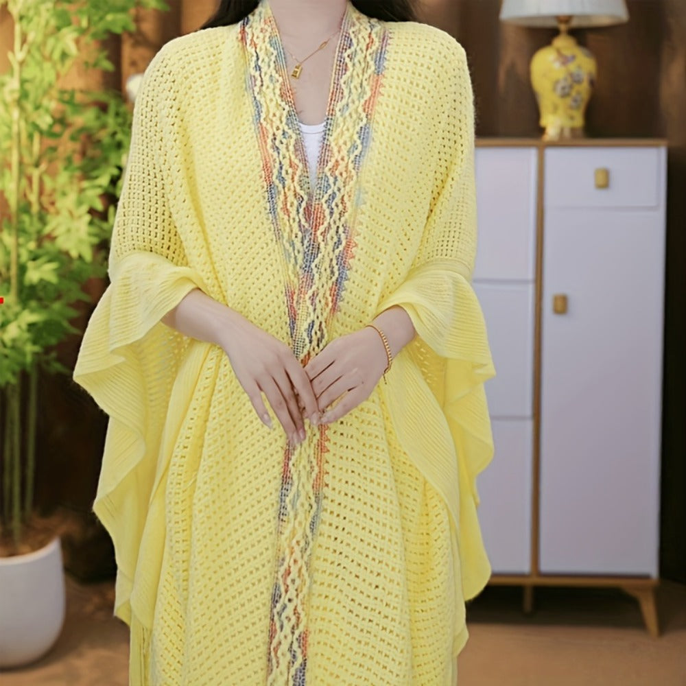 Scarf for Women - Boho Ruffle Shawl for - Hollowed Out Color Stripe Fringe Wrap , Ethnic - product detail view 2