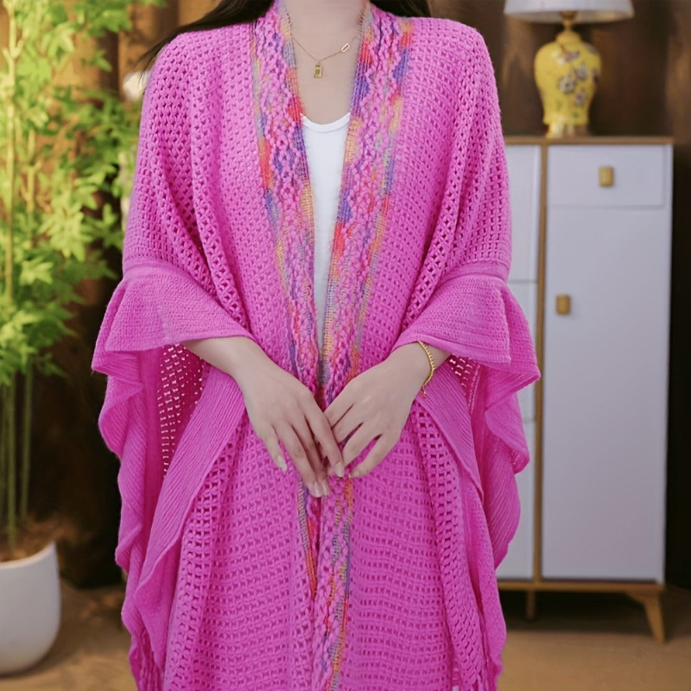 Scarf for Women - Boho Ruffle Shawl for - Hollowed Out Color Stripe Fringe Wrap , Ethnic - product detail view 3