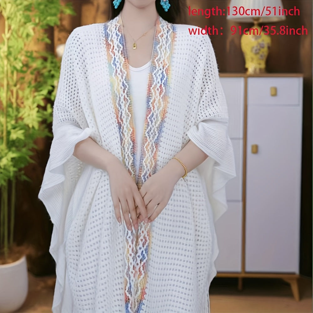 Scarf for Women - Boho Ruffle Shawl for - Hollowed Out Color Stripe Fringe Wrap , Ethnic - product detail view 4