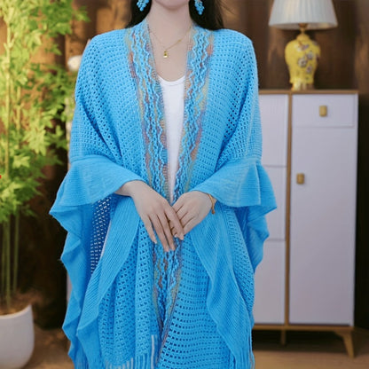 Scarf for Women - Boho Ruffle Shawl for - Hollowed Out Color Stripe Fringe Wrap , Ethnic - product detail view 5