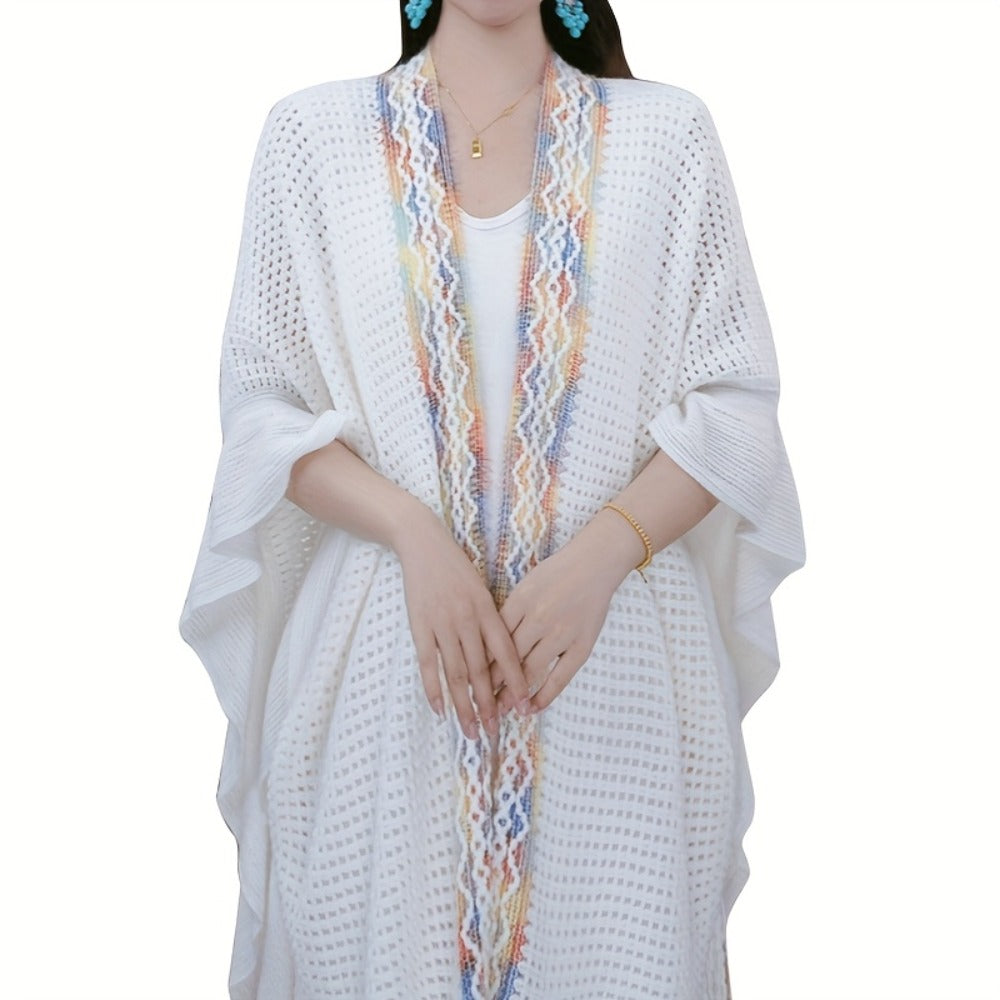 Scarf for Women - Boho Ruffle Shawl for - Hollowed Out Color Stripe Fringe Wrap , Ethnic - product detail view 6