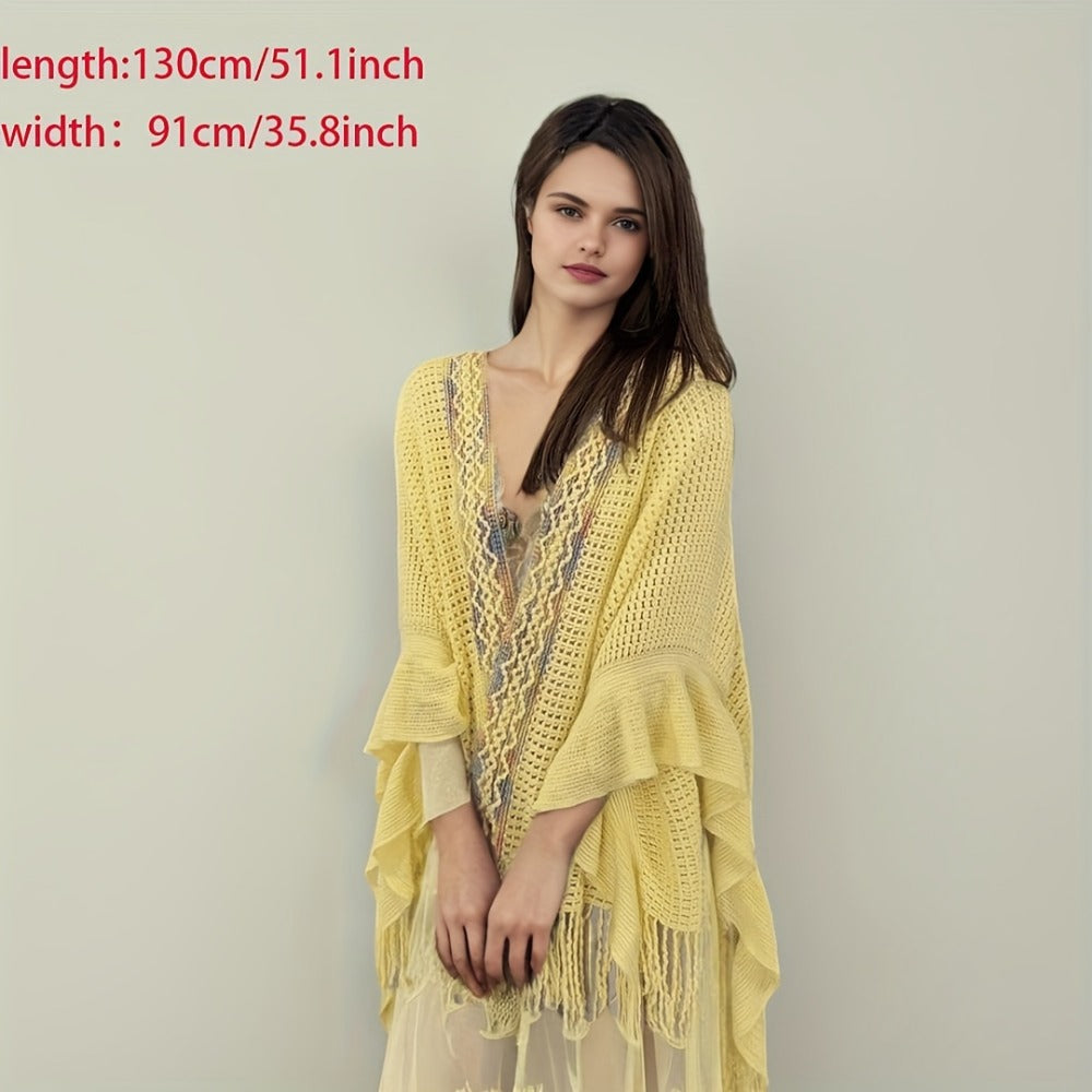 Scarf for Women - Boho Ruffle Shawl for - Hollowed Out Color Stripe Fringe Wrap , Ethnic - product detail view 7