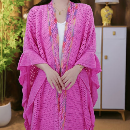 Scarf for Women - Boho Ruffle Shawl for - Hollowed Out Color Stripe Fringe Wrap , Ethnic - product detail view 10