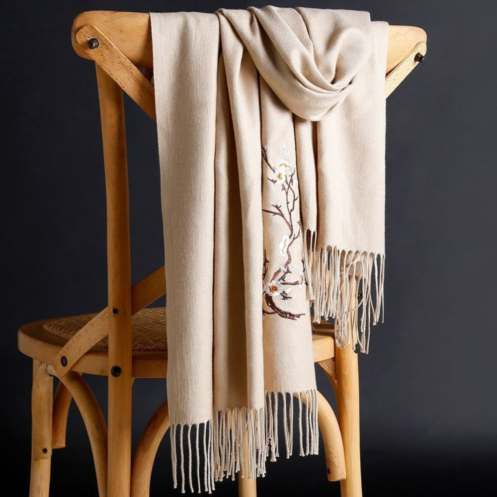 Scarf for Women - Cashmere Embroidered Ethnic Tassel Shawl Warm Neck Warmer Vintage Solid - product detail view 2