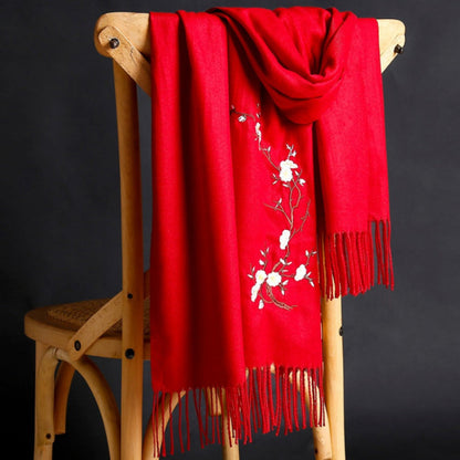 Scarf for Women - Cashmere Embroidered Ethnic Tassel Shawl Warm Neck Warmer Vintage Solid - product detail view 3