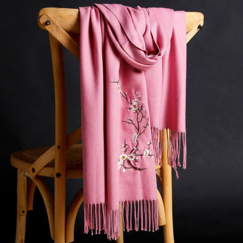 Scarf for Women - Cashmere Embroidered Ethnic Tassel Shawl Warm Neck Warmer Vintage Solid - product detail view 4