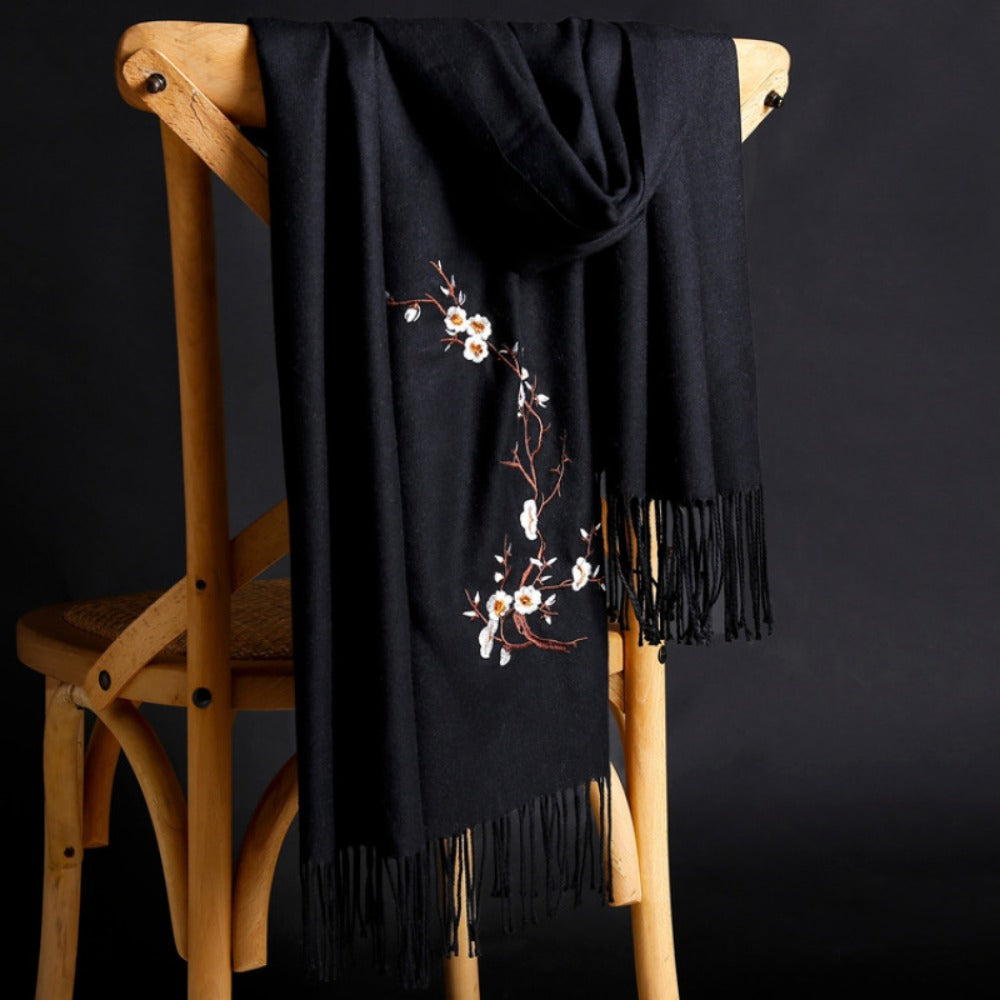 Scarf for Women - Cashmere Embroidered Ethnic Tassel Shawl Warm Neck Warmer Vintage Solid - product detail view 5