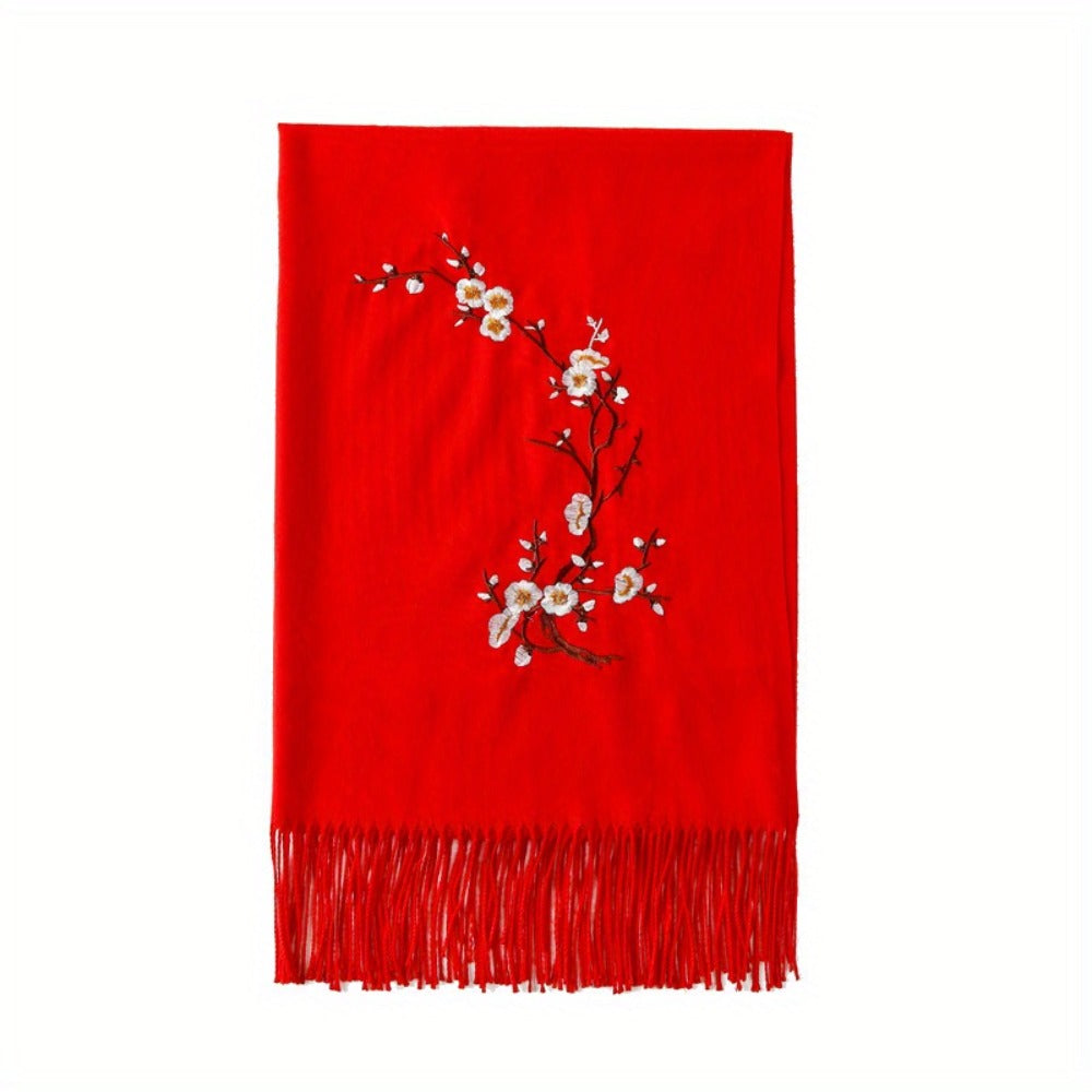 Scarf for Women - Cashmere Embroidered Ethnic Tassel Shawl Warm Neck Warmer Vintage Solid - product detail view 8