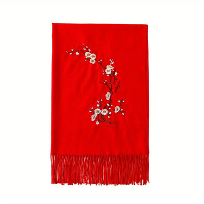 Scarf for Women - Cashmere Embroidered Ethnic Tassel Shawl Warm Neck Warmer Vintage Solid - product detail view 8