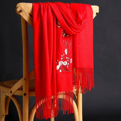 Scarf for Women - Cashmere Embroidered Ethnic Tassel Shawl Warm Neck Warmer Vintage Solid - product detail view 10