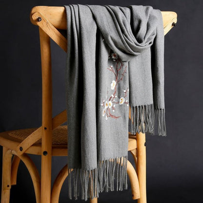 Scarf for Women - Cashmere Embroidered Ethnic Tassel Shawl Warm Neck Warmer Vintage Solid - product detail view 12