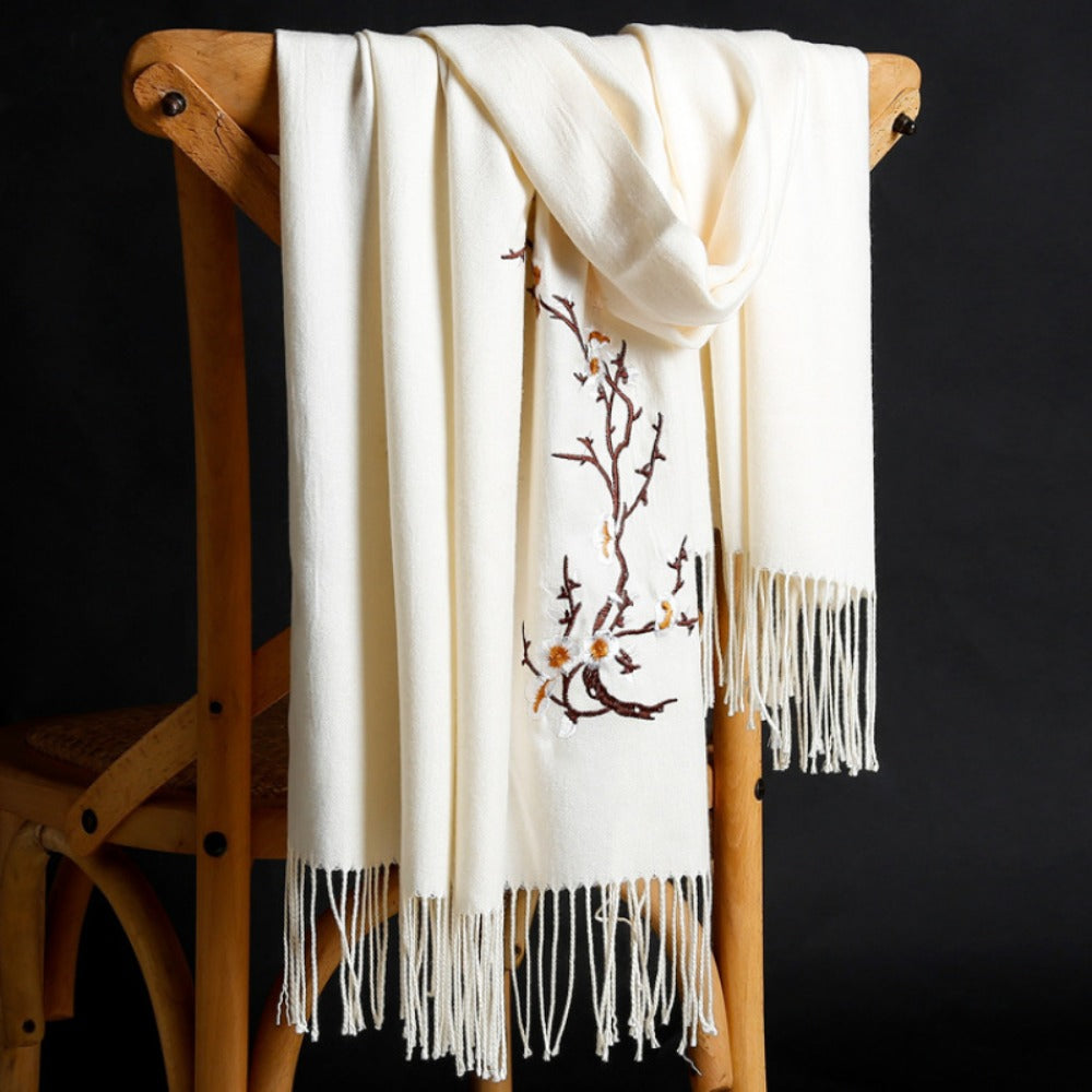 Scarf for Women - Cashmere Embroidered Ethnic Tassel Shawl Warm Neck Warmer Vintage Solid - product detail view 13
