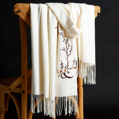 Scarf for Women - Cashmere Embroidered Ethnic Tassel Shawl Warm Neck Warmer Vintage Solid - product detail view 13