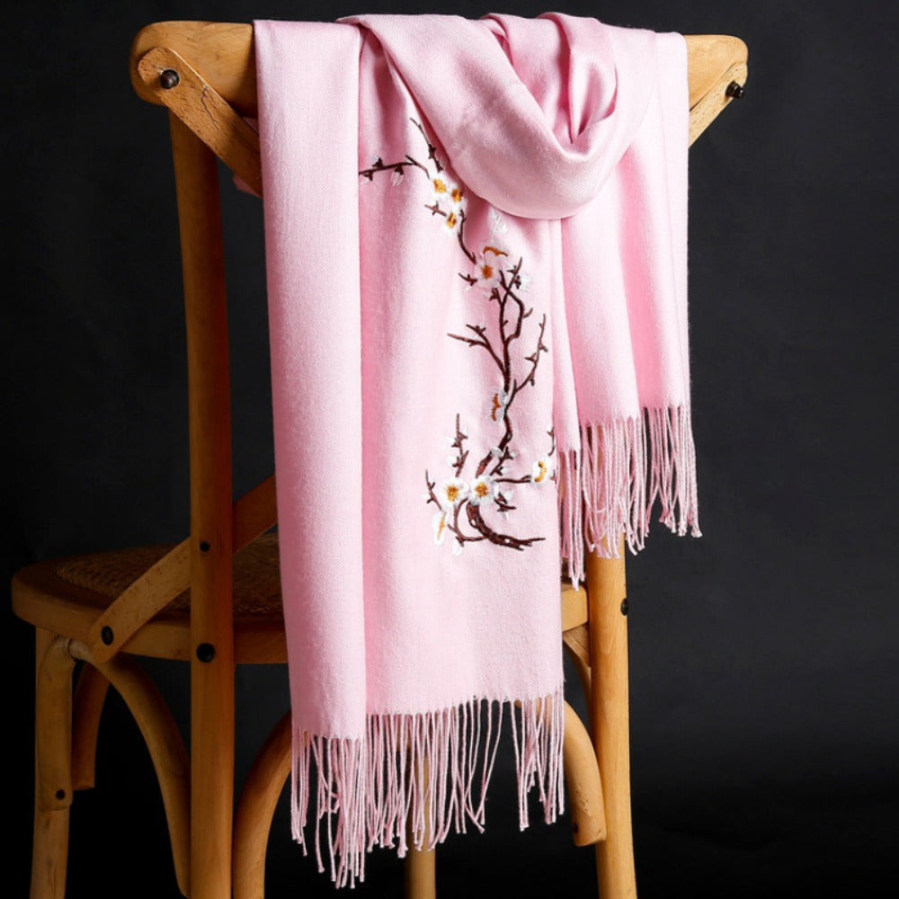 Scarf for Women - Cashmere Embroidered Ethnic Tassel Shawl Warm Neck Warmer Vintage Solid - product detail view 14