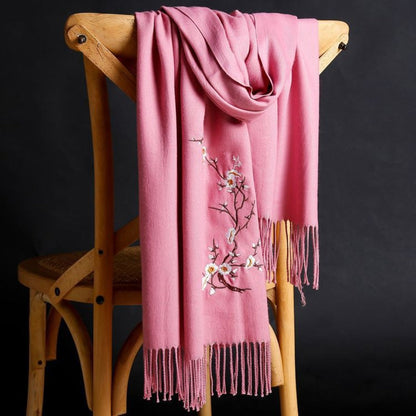 Scarf for Women - Cashmere Embroidered Ethnic Tassel Shawl Warm Neck Warmer Vintage Solid - product detail view 15