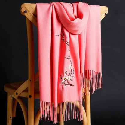Scarf for Women - Cashmere Embroidered Ethnic Tassel Shawl Warm Neck Warmer Vintage Solid - product detail view 19