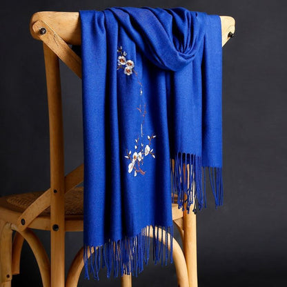 Scarf for Women - Cashmere Embroidered Ethnic Tassel Shawl Warm Neck Warmer Vintage Solid - product detail view 20