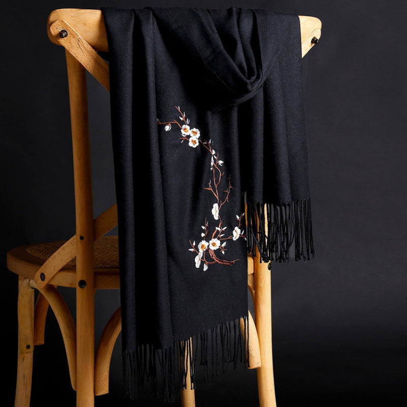 Scarf for Women - Cashmere Embroidered Ethnic Tassel Shawl Warm Neck Warmer Vintage Solid - product detail view 23