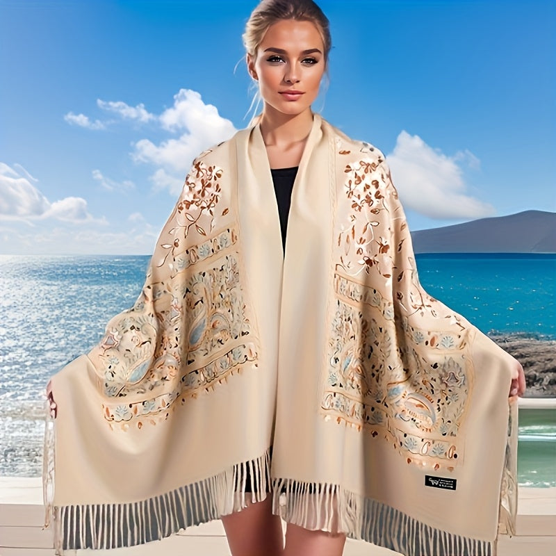 Scarf for Women - Cashmere Shawl for Bohemian Paisley Embroidery Tassel Trim Lightweight - product detail view 13