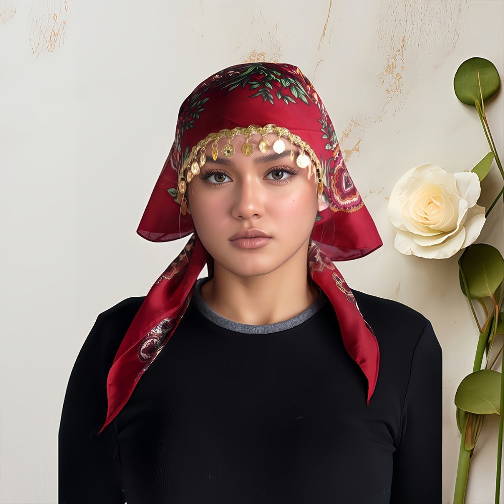 Scarf for Women - Headscarf with Golden Chain - Floral Print Hijab Shawl 100% Polyester - product detail view 3