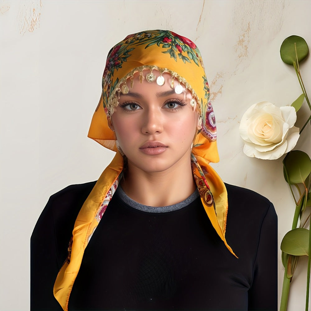 Scarf for Women - Headscarf with Golden Chain - Floral Print Hijab Shawl 100% Polyester - product detail view 5