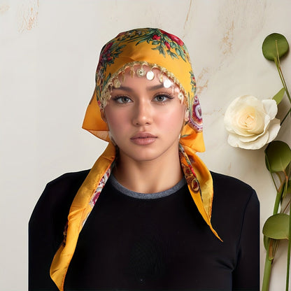 Scarf for Women - Headscarf with Golden Chain - Floral Print Hijab Shawl 100% Polyester - product detail view 5