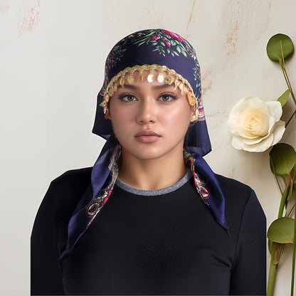 Scarf for Women - Headscarf with Golden Chain - Floral Print Hijab Shawl 100% Polyester - product detail view 6