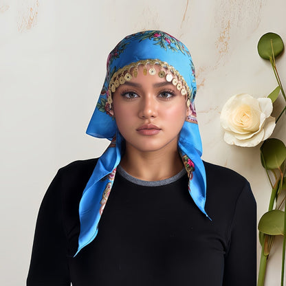 Scarf for Women - Headscarf with Golden Chain - Floral Print Hijab Shawl 100% Polyester - product detail view 7