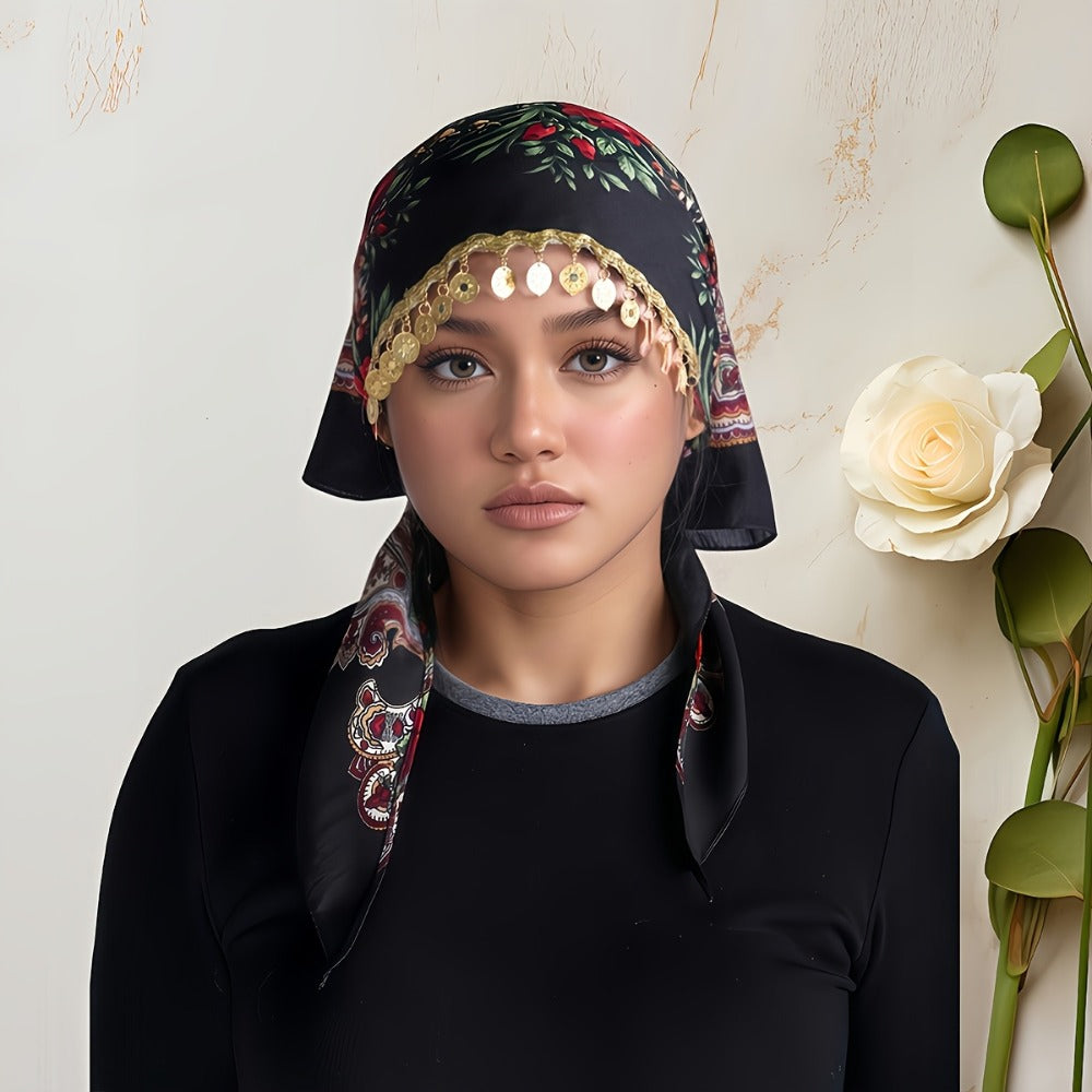 Scarf for Women - Headscarf with Golden Chain - Floral Print Hijab Shawl 100% Polyester - product detail view 9