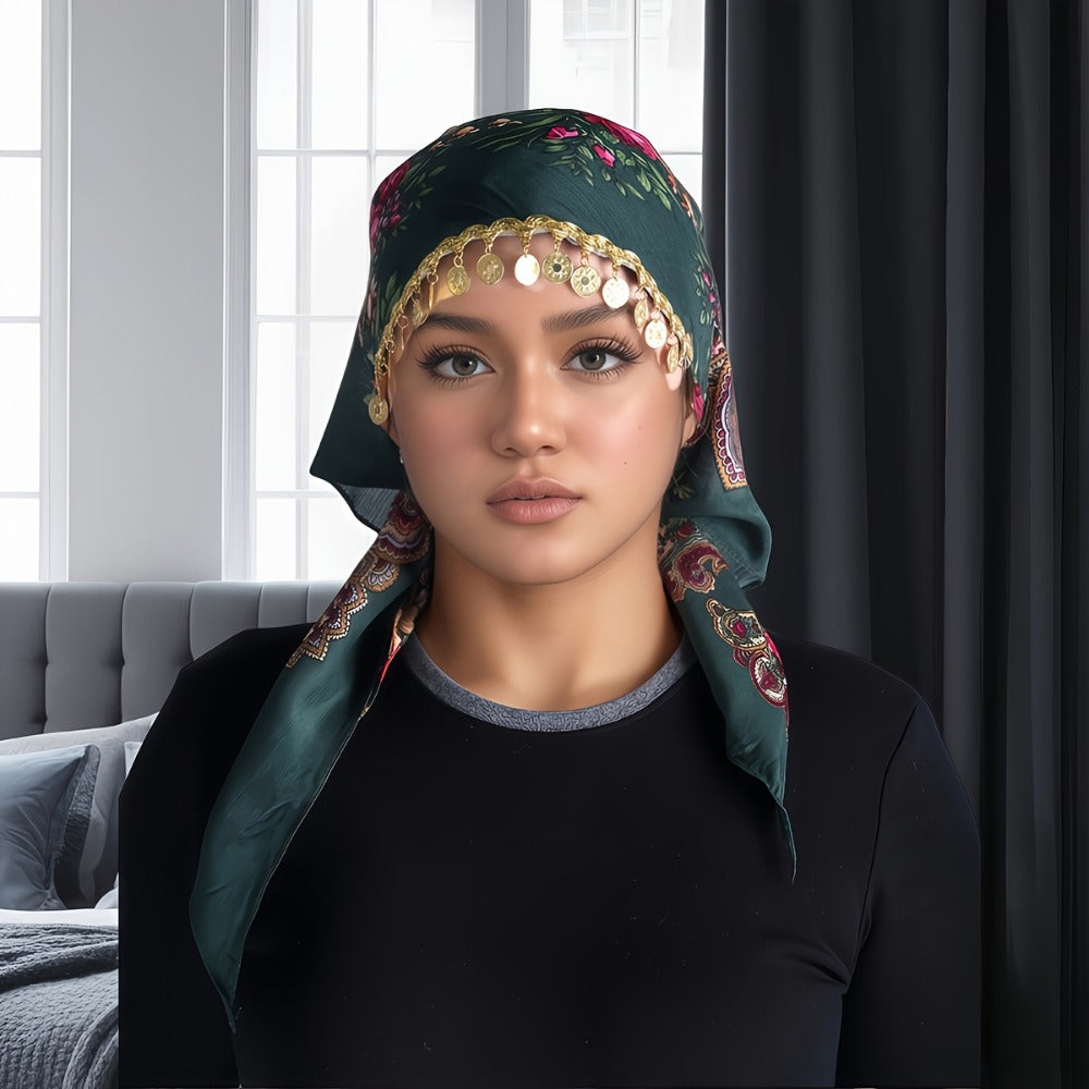 Scarf for Women - Headscarf with Golden Chain - Floral Print Hijab Shawl 100% Polyester - product detail view 10