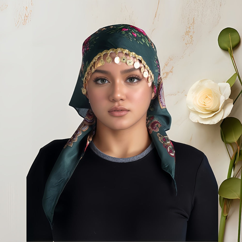 Scarf for Women - Headscarf with Golden Chain - Floral Print Hijab Shawl 100% Polyester - product detail view 11
