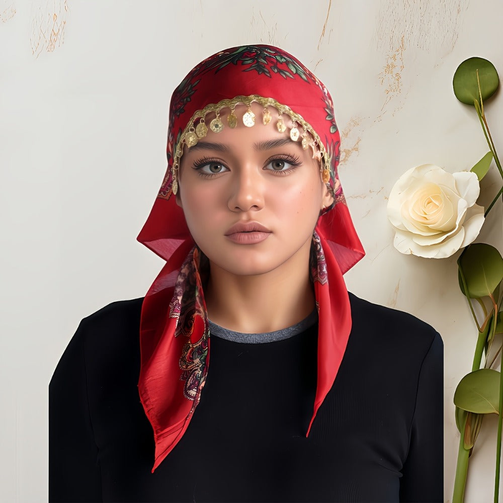 Scarf for Women - Headscarf with Golden Chain - Floral Print Hijab Shawl 100% Polyester - product detail view 12