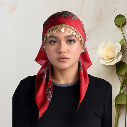 Scarf for Women - Headscarf with Golden Chain - Floral Print Hijab Shawl 100% Polyester - product detail view 12