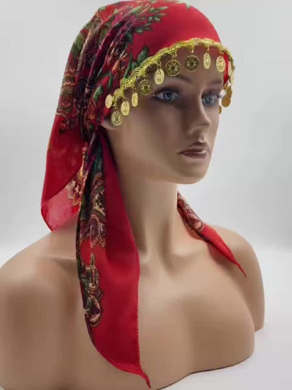 Scarf for Women - Headscarf with Golden Chain - Floral Print Hijab Shawl 100% Polyester - product detail view 13
