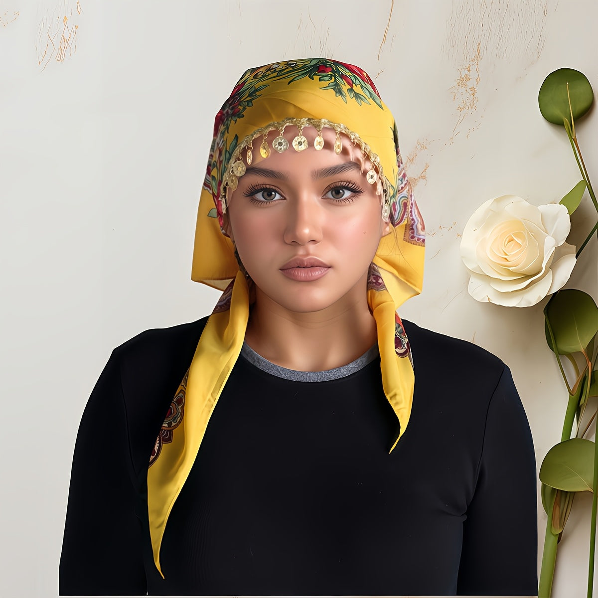 Scarf for Women - Headscarf with Golden Chain - Floral Print Hijab Shawl 100% Polyester - product detail view 18