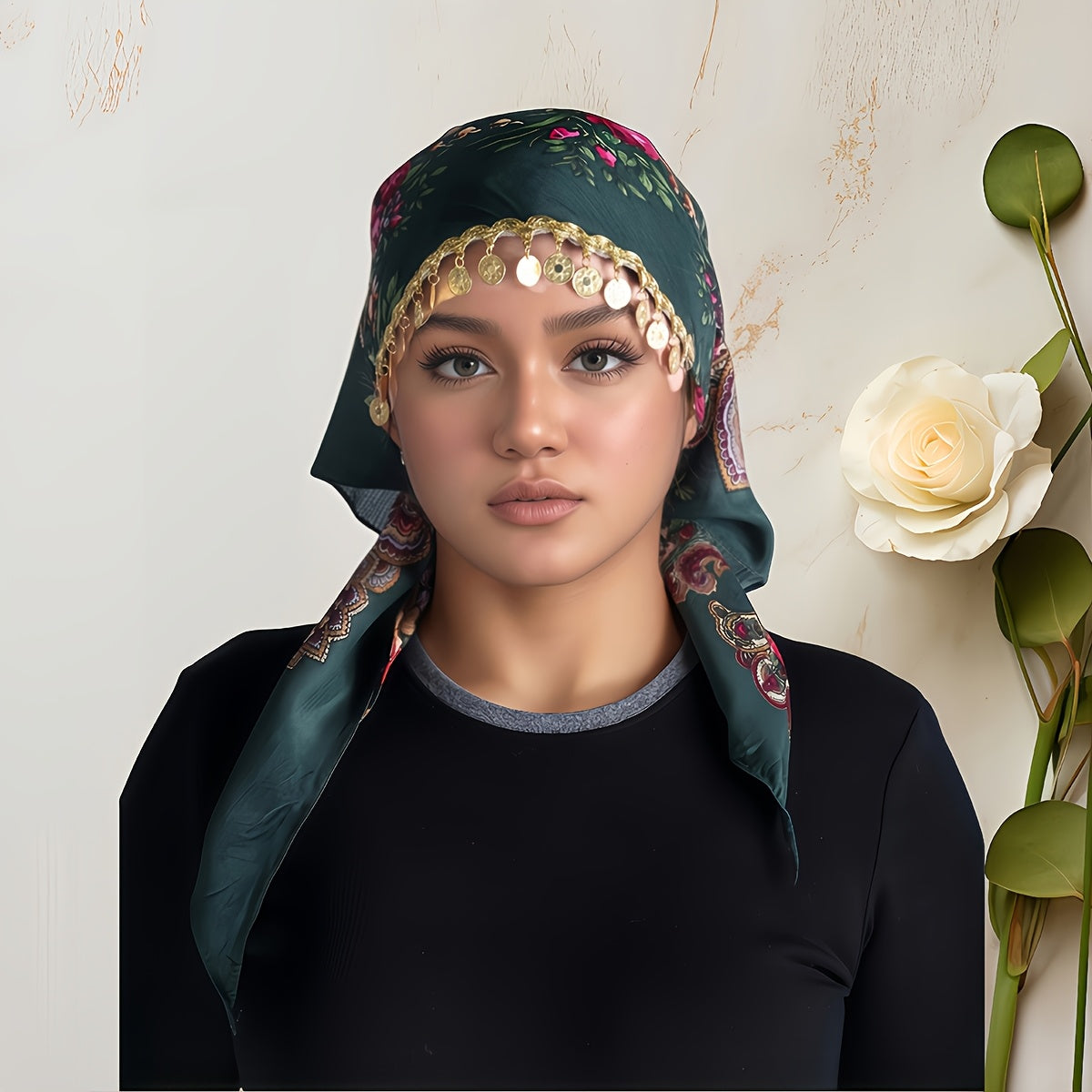Scarf for Women - Headscarf with Golden Chain - Floral Print Hijab Shawl 100% Polyester - product detail view 20