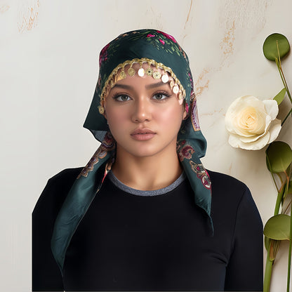 Scarf for Women - Headscarf with Golden Chain - Floral Print Hijab Shawl 100% Polyester - product detail view 20