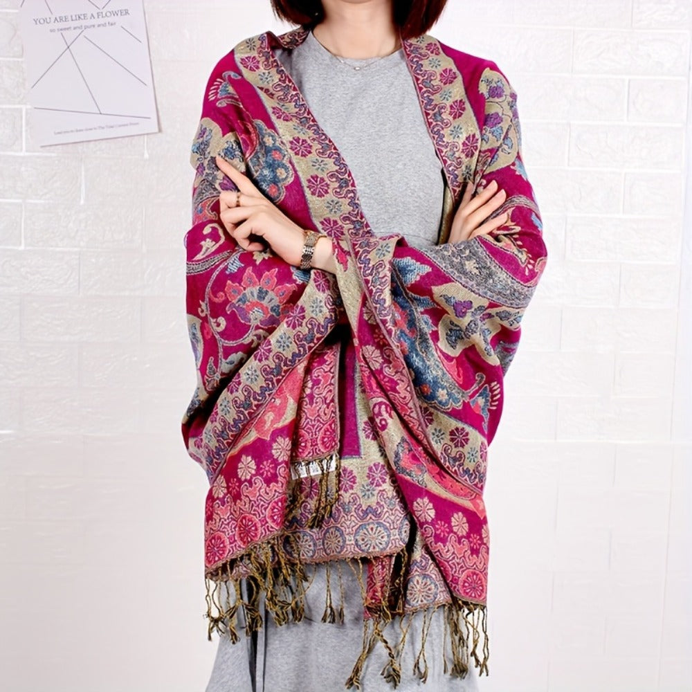 Scarf for Women - Paisley Shawl with Fringe Boho Ethnic Wrap Warm Neck for Travel Music - product detail view 4
