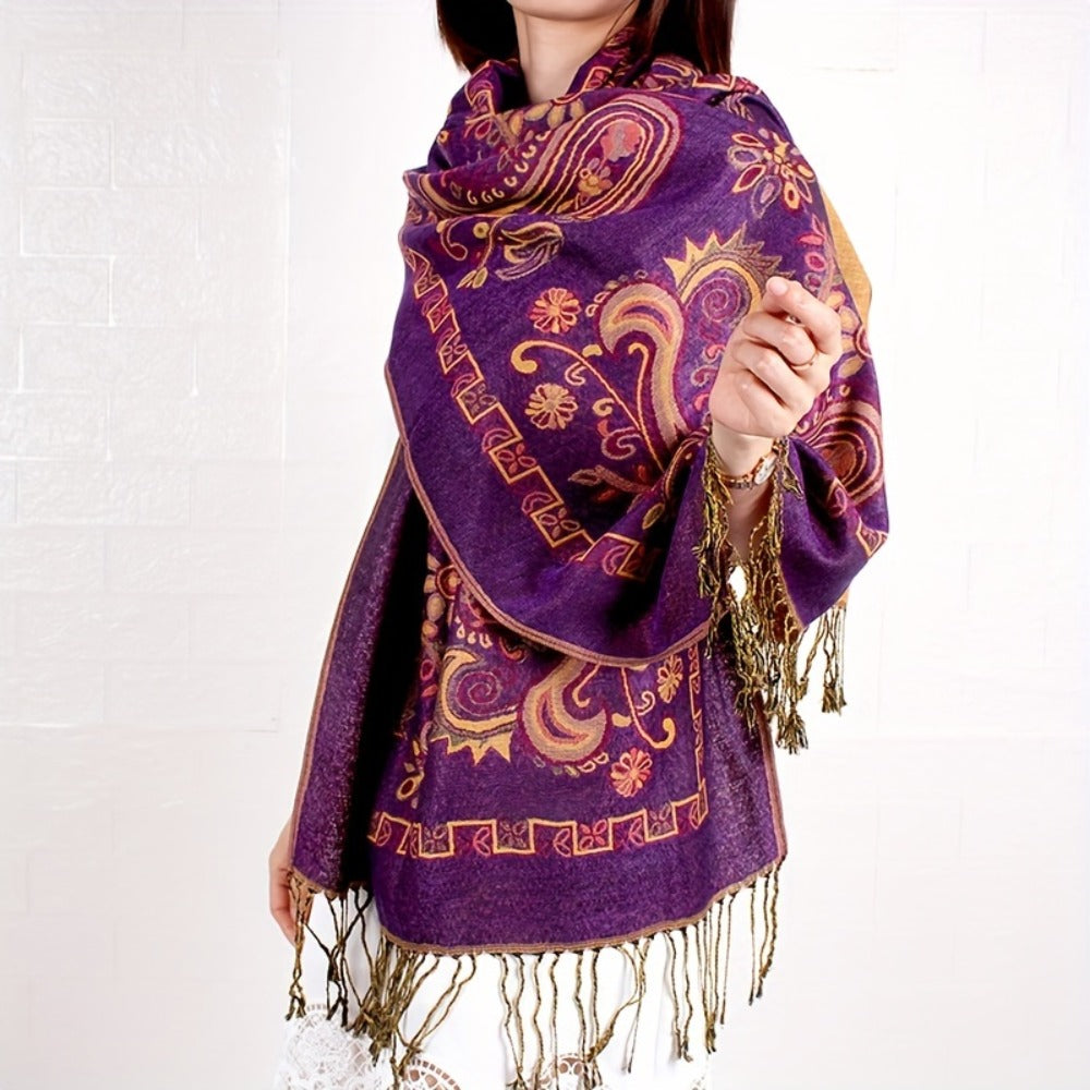 Scarf for Women - Paisley Shawl with Fringe Boho Ethnic Wrap Warm Neck for Travel Music - product detail view 5