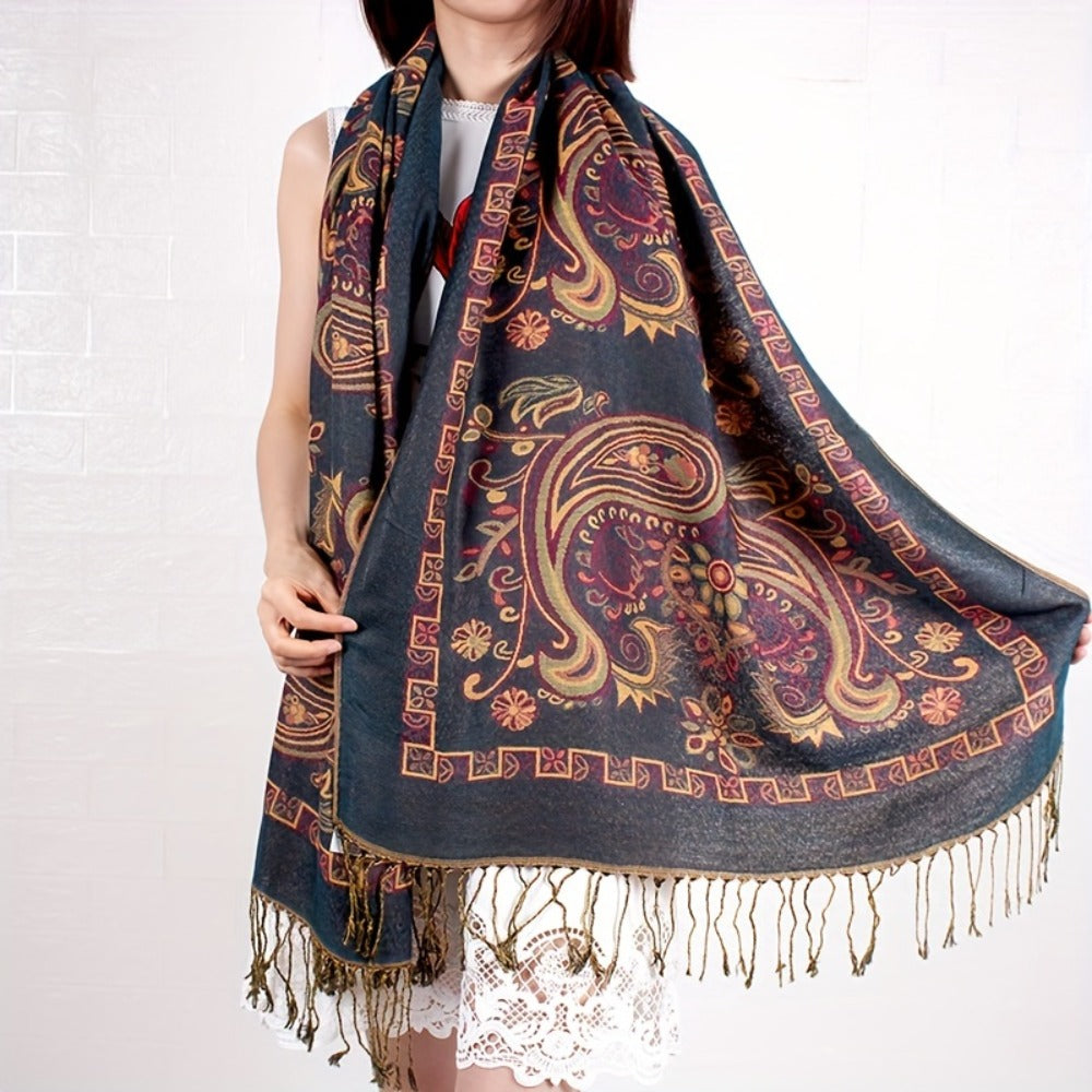 Scarf for Women - Paisley Shawl with Fringe Boho Ethnic Wrap Warm Neck for Travel Music - product detail view 7