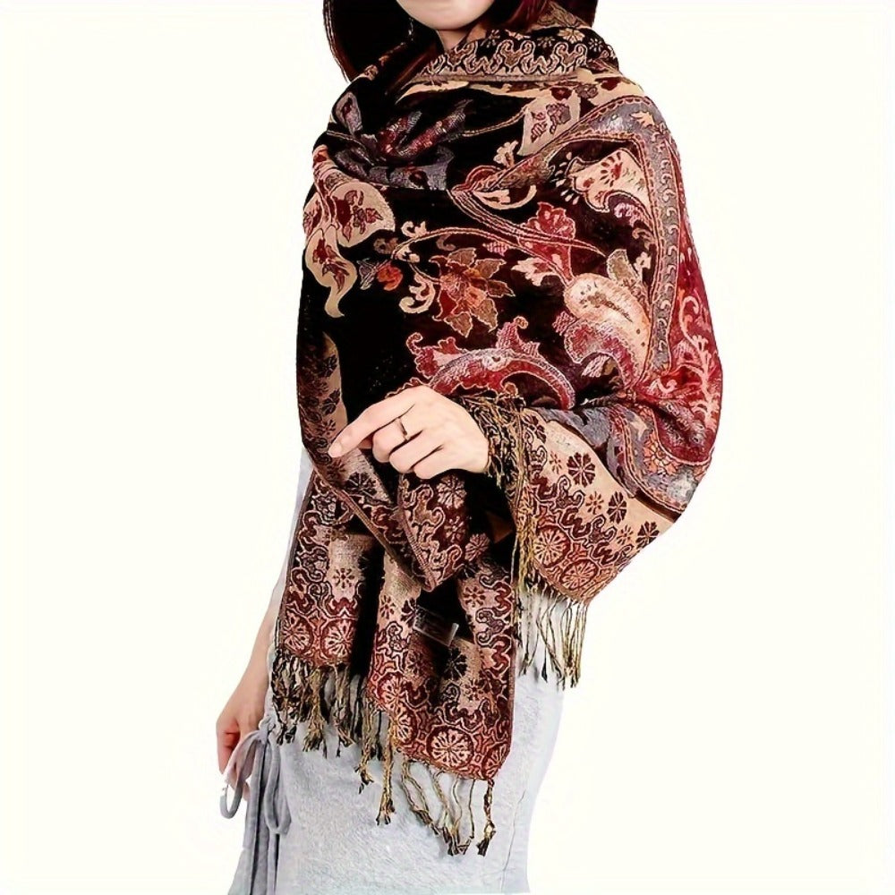 Scarf for Women - Paisley Shawl with Fringe Boho Ethnic Wrap Warm Neck for Travel Music - product detail view 10