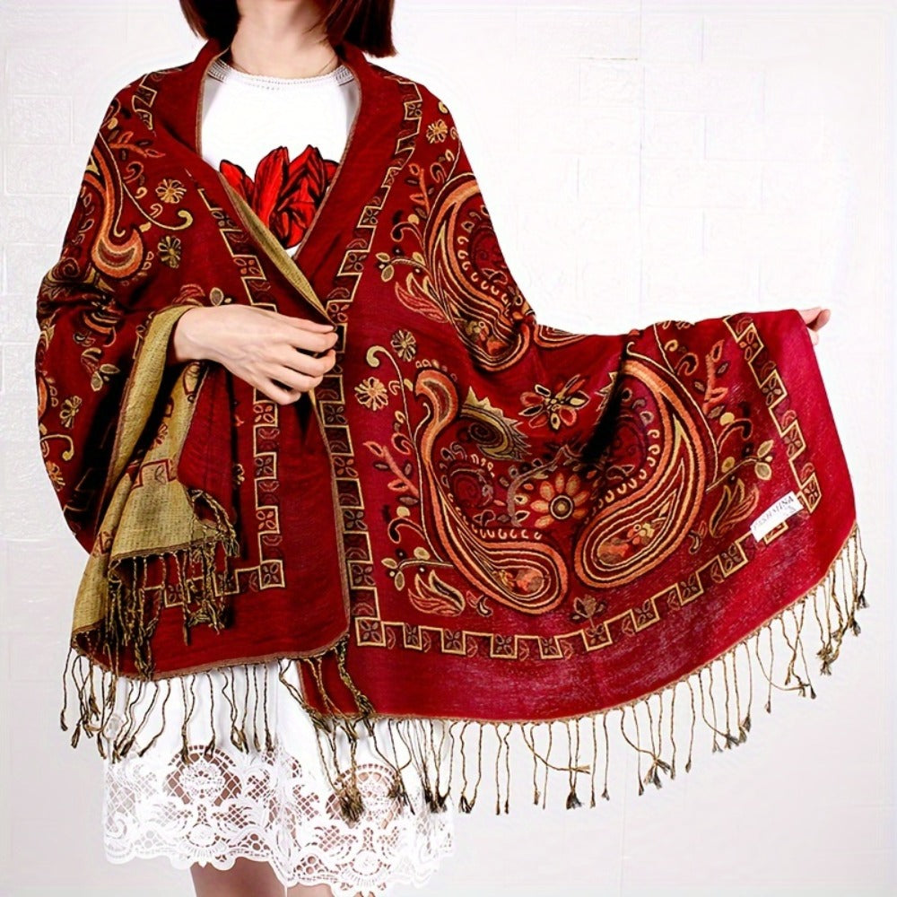 Scarf for Women - Paisley Shawl with Fringe Boho Ethnic Wrap Warm Neck for Travel Music - product detail view 11