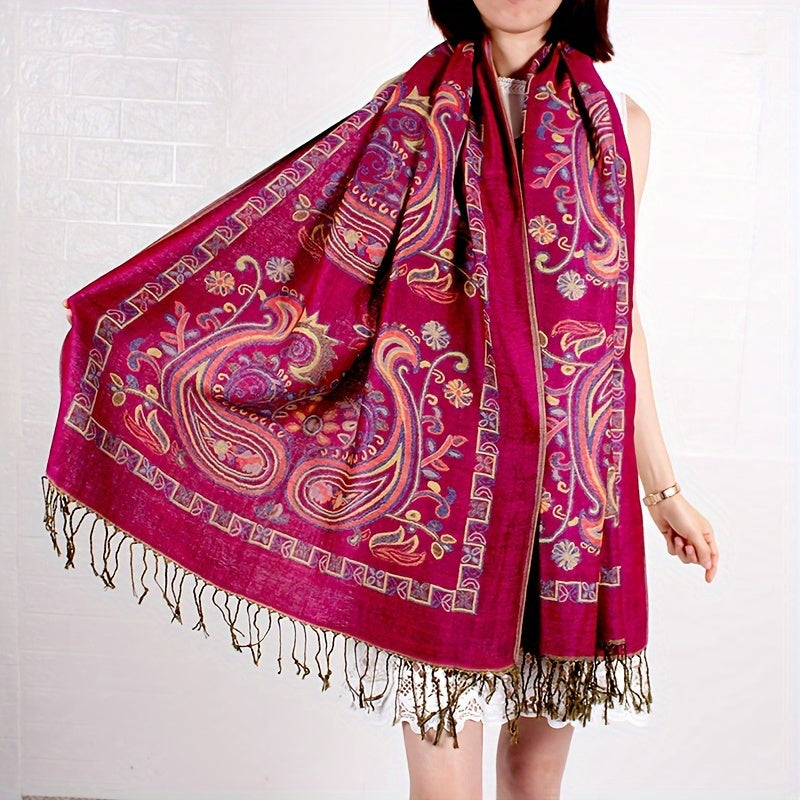 Scarf for Women - Paisley Shawl with Fringe Boho Ethnic Wrap Warm Neck for Travel Music - product detail view 12