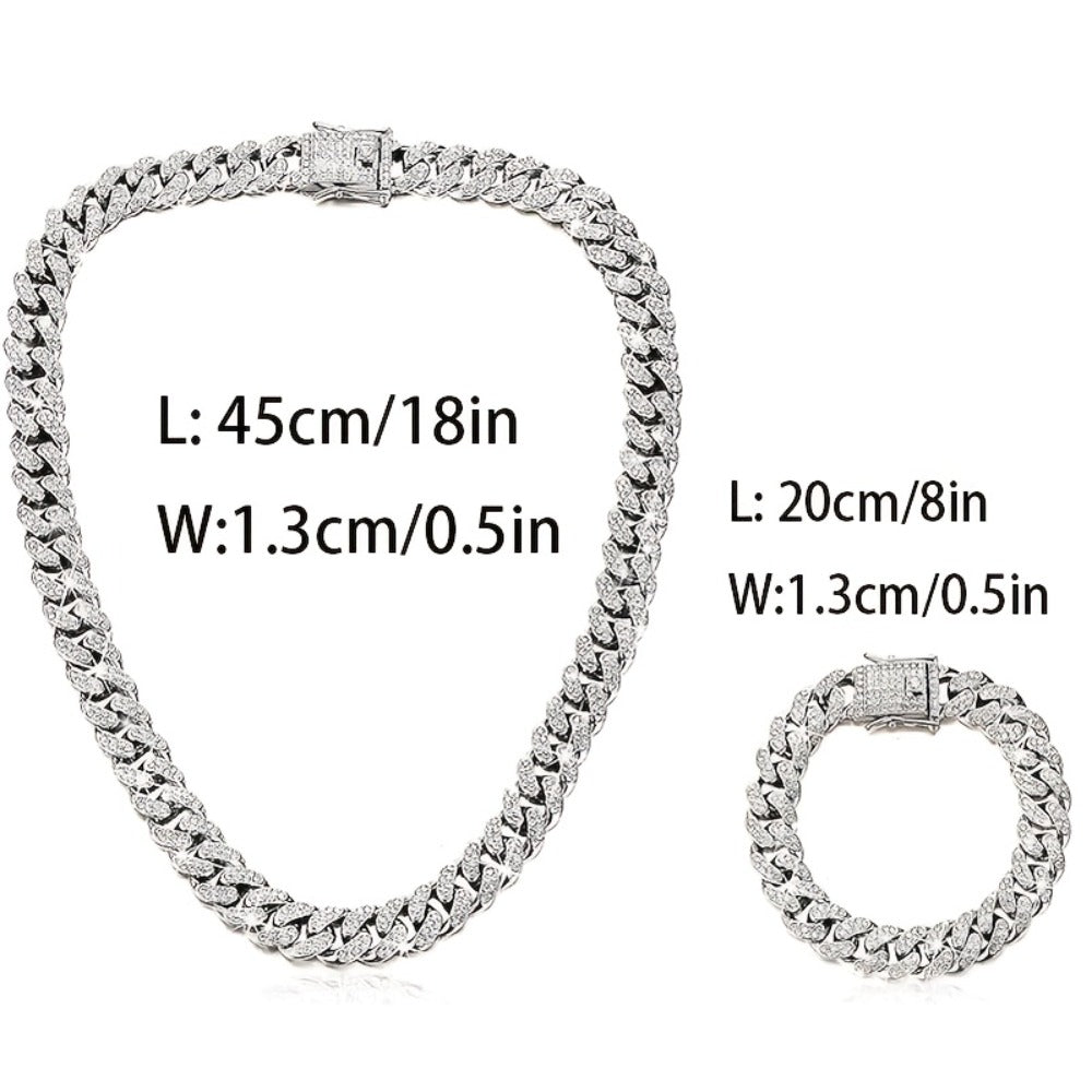 Silver Jewelry Set for Women - 925 Silver Cuban Chain, Necklace and Bracelet - size chart L: 45cm/18in L: 20cm/8in