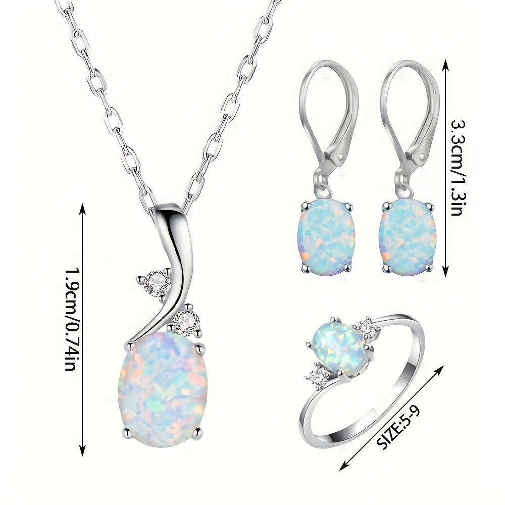Silver Jewelry Set for Women - 925 Silver Opal-Style, 4 Coordinated Pieces - size chart 3.3cm/1.3in 1.9cm/0.74in