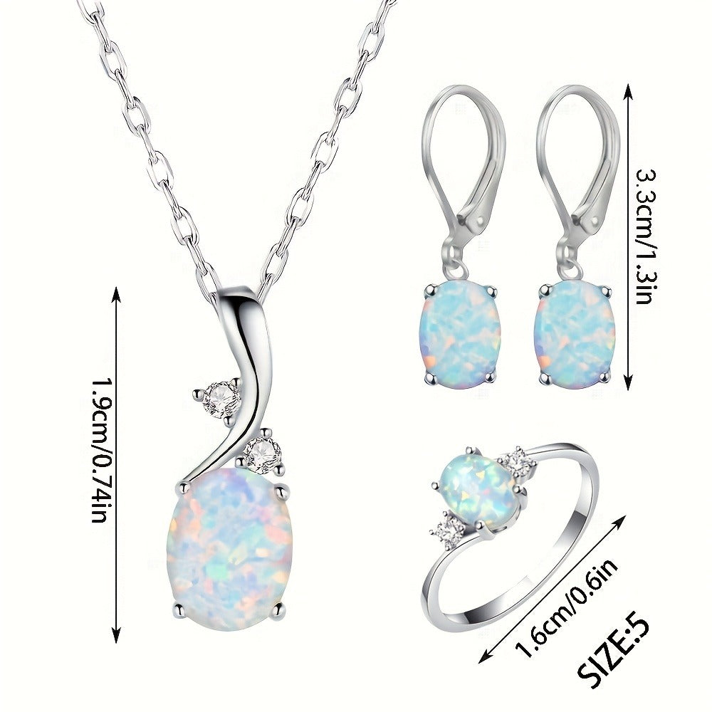 Silver Jewelry Set for Women - 925 Silver Opal-Style, 4 Coordinated Pieces - size chart 3.3cm/1.3in 1.9cm/0.74in