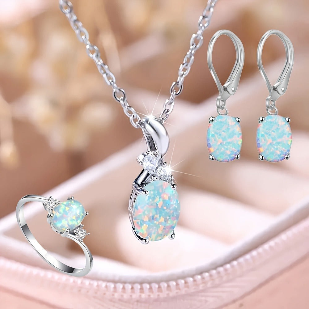 Silver Jewelry Set for Women - 925 Silver Opal-Style, 4 Coordinated Pieces - product detail view 9
